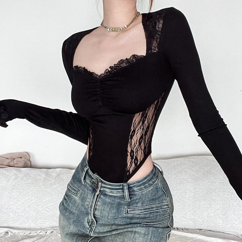 Fashion Sexy Skinny Party Bodysuit Female Folds Ruched Catsuit Chic Square Neck Lace Patchwork Body Transparent Goth