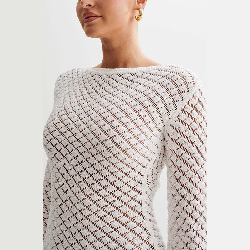 Backless Long Sleeve Knit Mini Dress For Women Fashion Elegant Spring Summer See Through Beach Holiday Dress Beachwear