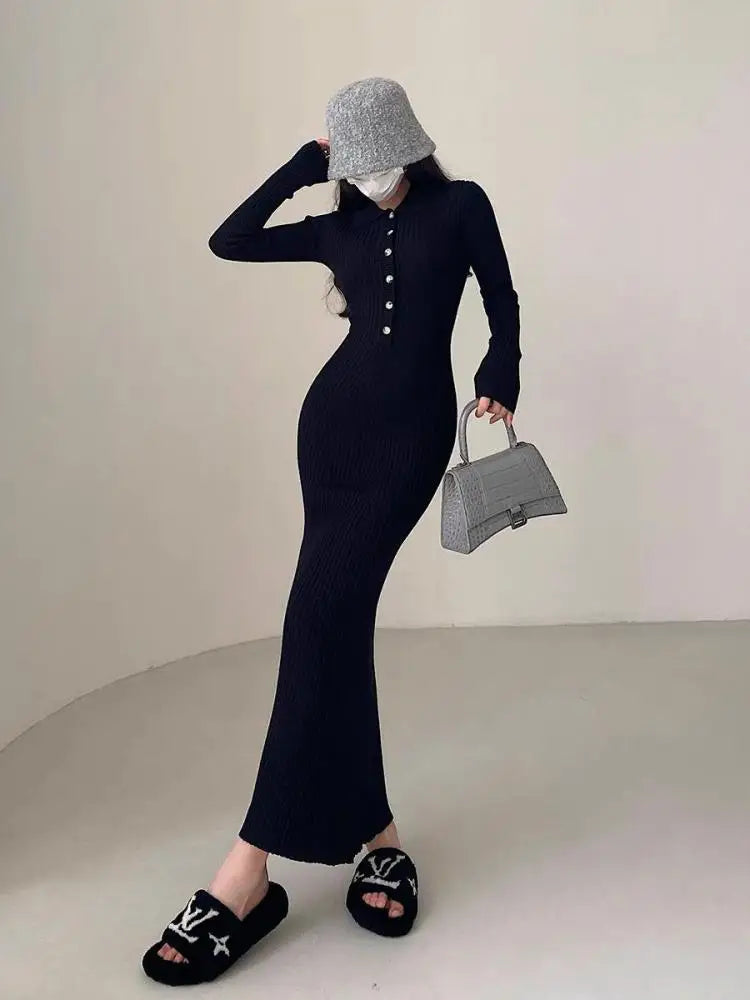 Elegant Party Dresses For Women 2023 Dress Autumn Winter Stretchy Long Sleeved Slim Vintage Basic Knit Dress Y2k