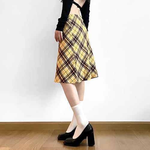 Load image into Gallery viewer, Elegant Vintage Yellow Plaid Skirt Women Low Rise Straight Checkered Harajuku Midi Skirt England Style Bottoms Korean
