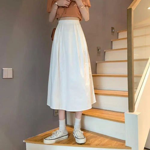 Load image into Gallery viewer, Spring Summer Women Solid Pockets Skirts Vintage High Waist Elastic Chic Long Cake A-line Versatile Mid Length Skirt For Student
