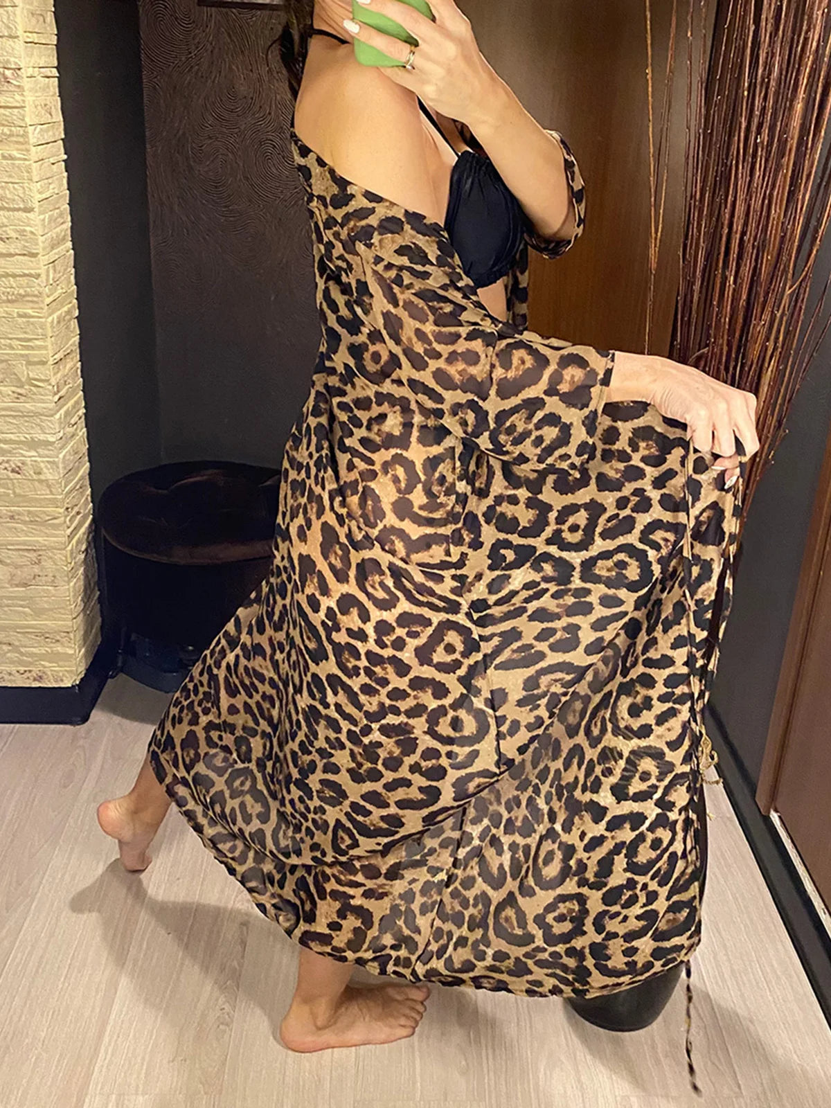 Sexy Leopard Printed Beach Cover Up Chiffon Cover-ups Swimwear Beach Wear Summer Beachwear Female Women Long Dress V3219