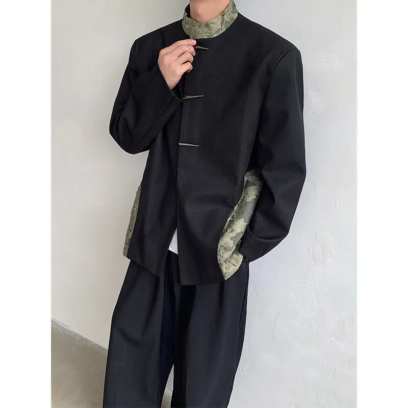 Men's Suit Coat New Chinese Style Stand Collar Trendy Lace Splicing Stylish Single Breasted Casual Male Clothing 9W1705