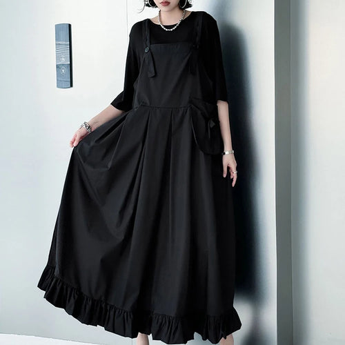 Load image into Gallery viewer, Women Black Ruffles Pocket Big Size Midi Strap Dress New Square Collar Sleeveless Fashion Tide Spring Autumn 2025 1DJ1158
