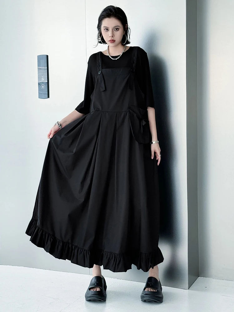 Women Black Ruffles Pocket Big Size Midi Strap Dress New Square Collar Sleeveless Fashion Tide Spring Autumn 2025 1DJ1158