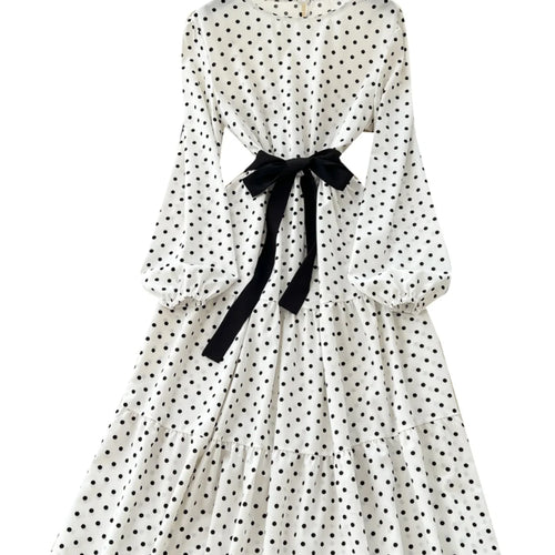 Load image into Gallery viewer, French Retro 2025 Spring New White Polka Dot Elegant Long Sleeves Bow Dress Women Round Neck Vacation Party Pleated Dress Trendy
