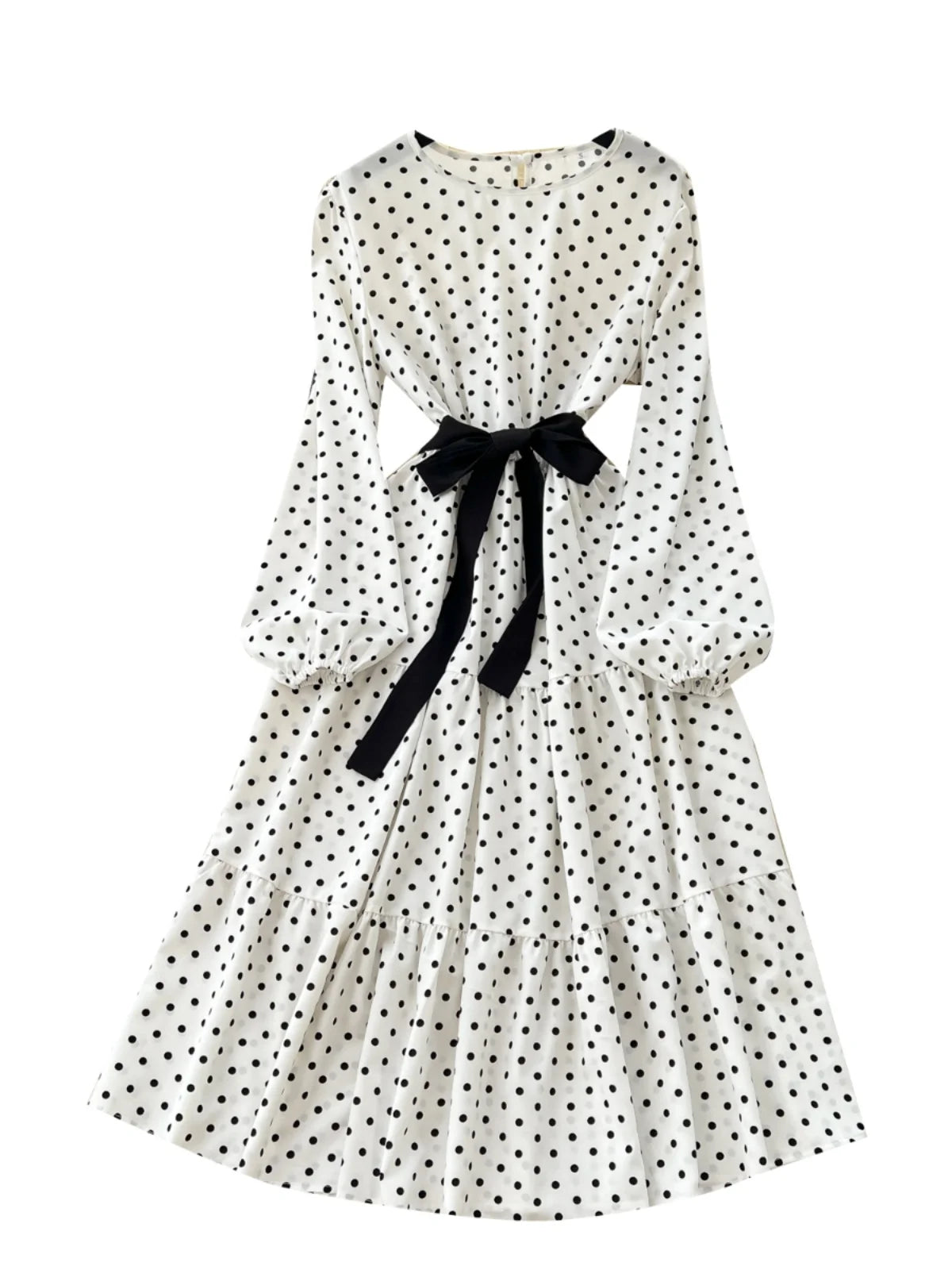 French Retro 2025 Spring New White Polka Dot Elegant Long Sleeves Bow Dress Women Round Neck Vacation Party Pleated Dress Trendy