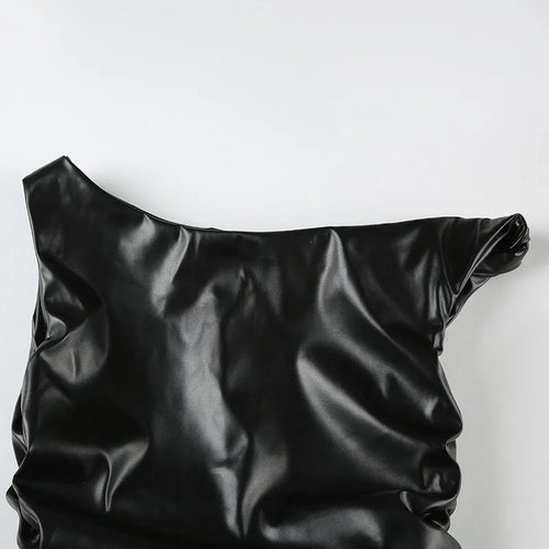 Load image into Gallery viewer, Ruched PU Leather Sexy Tank Tops For Women Fashion Oblique Shoulder Sleeveless Backless Skinny Crop Tops Elegant
