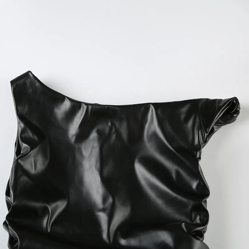 Ruched PU Leather Sexy Tank Tops For Women Fashion Oblique Shoulder Sleeveless Backless Skinny Crop Tops Elegant