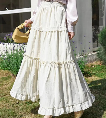 Spring Summer Sweet Retro Beige Pink Temperament Ruffle Edge Cake Long Skirt Women Black White Lace High Waist Party Club Skirts