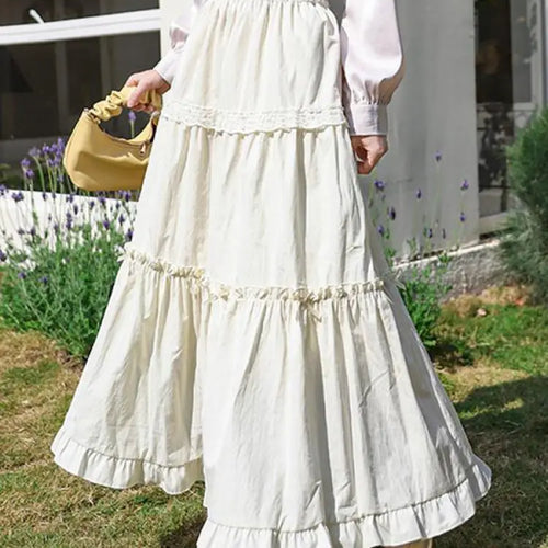 Load image into Gallery viewer, Spring Summer Sweet Retro Beige Pink Temperament Ruffle Edge Cake Long Skirt Women Black White Lace High Waist Party Club Skirts
