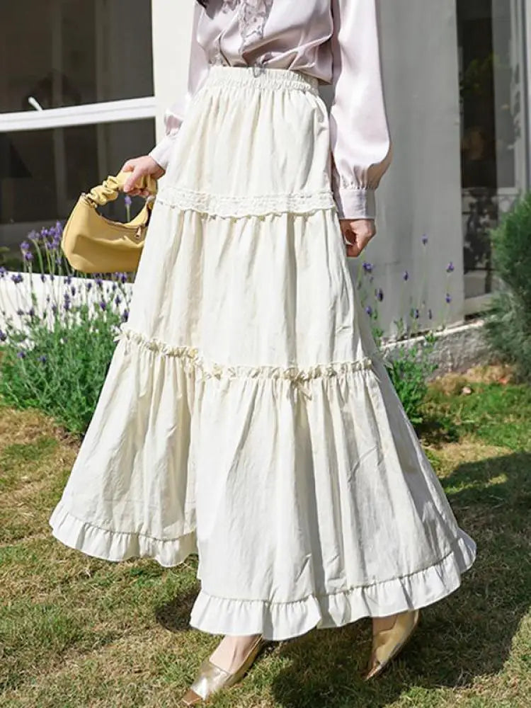 Spring Summer Sweet Retro Beige Pink Temperament Ruffle Edge Cake Long Skirt Women Black White Lace High Waist Party Club Skirts