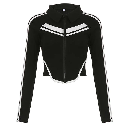Load image into Gallery viewer, Korean Fashion Stripe Spliced Skinny Women Jacket Zip Up Coat Bodycon Slim Casual Sporty Chic Outwear Shirts Cropped
