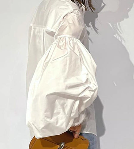 Solid Patchwork Single Breasted Casual Loose Shirts For Women Round Neck Lantern Sleeve Minimalist Shirt Female