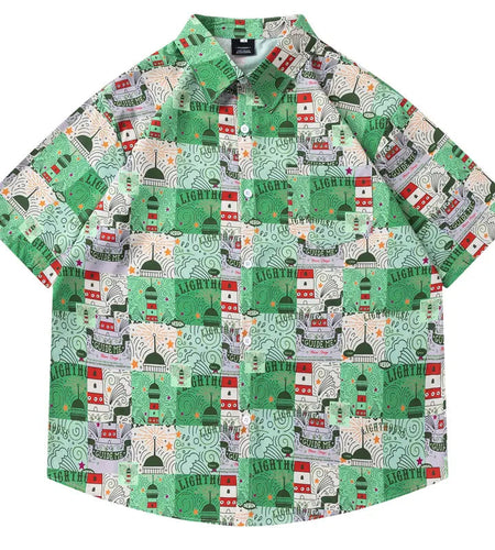 Men Harajuku Hawaiian Shirt Streetwear Graphic Printed Button Up Beach Summer Blouse Hip Hop Casual Baggy Short Sleeve Shirts