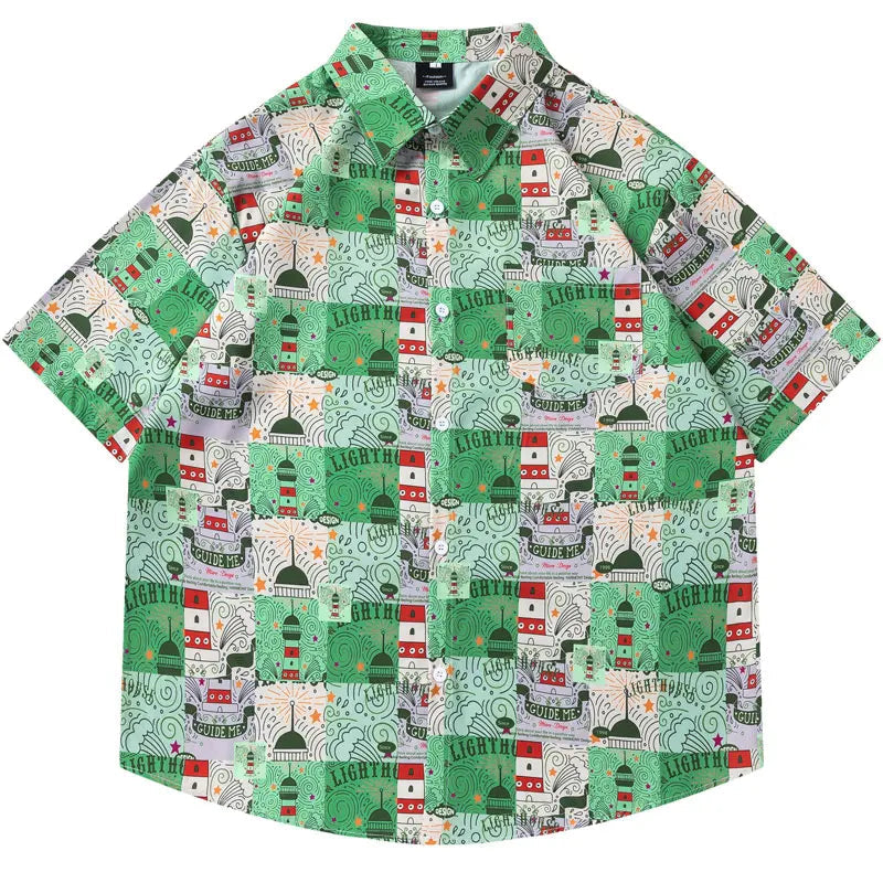 Men Harajuku Hawaiian Shirt Streetwear Graphic Printed Button Up Beach Summer Blouse Hip Hop Casual Baggy Short Sleeve Shirts
