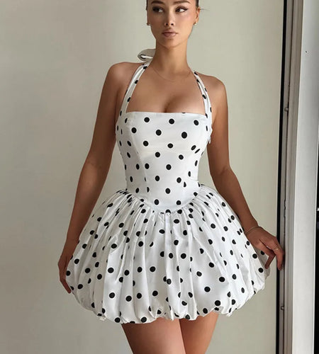Halter Print Polka Dot Mini Dress Women Fashion Off-shoulder Sleeveless Backless High Waist A-line Club Party Dress