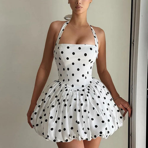 Load image into Gallery viewer, Halter Print Polka Dot Mini Dress Women Fashion Off-shoulder Sleeveless Backless High Waist A-line Club Party Dress

