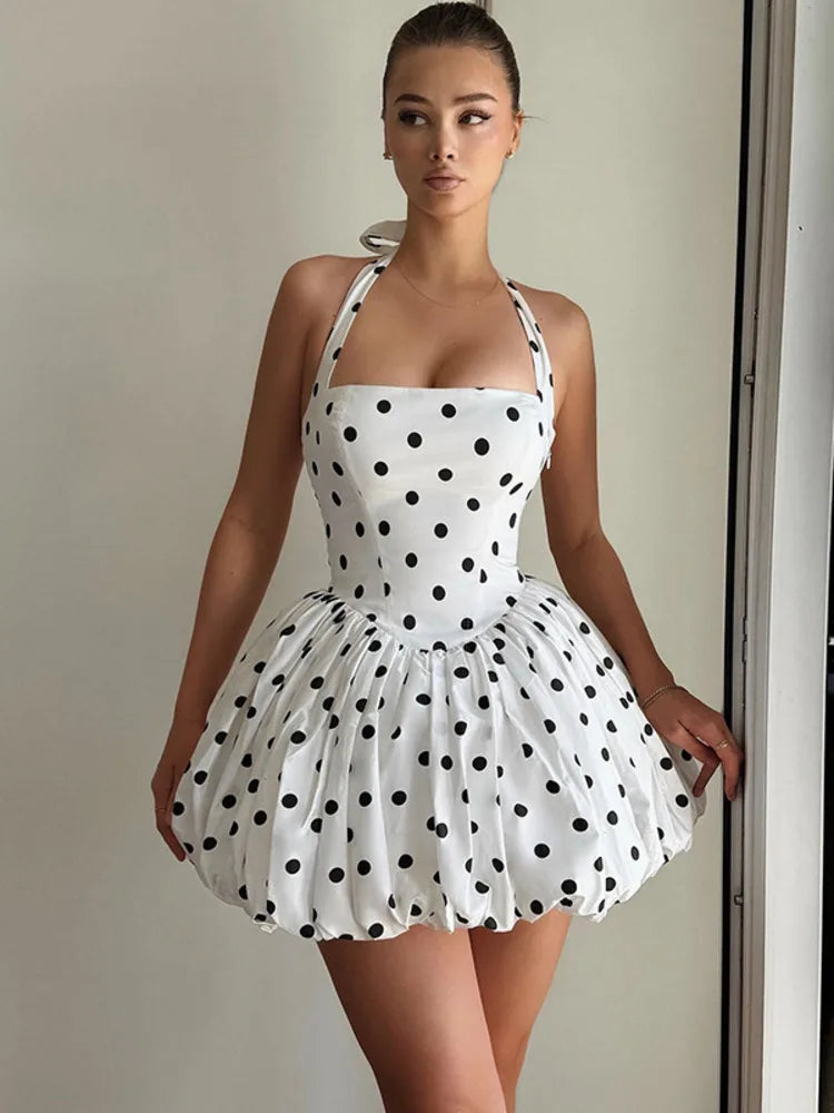 Halter Print Polka Dot Mini Dress Women Fashion Off-shoulder Sleeveless Backless High Waist A-line Club Party Dress