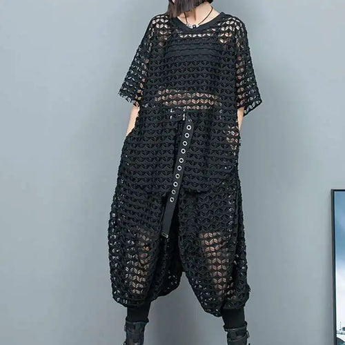 Load image into Gallery viewer, Big Size Mesh T-shirt Wide Leg Pants Two Piece Suit New Round Neck Short Sleeve Women Fashion Spring Summer 2025 1DH6432
