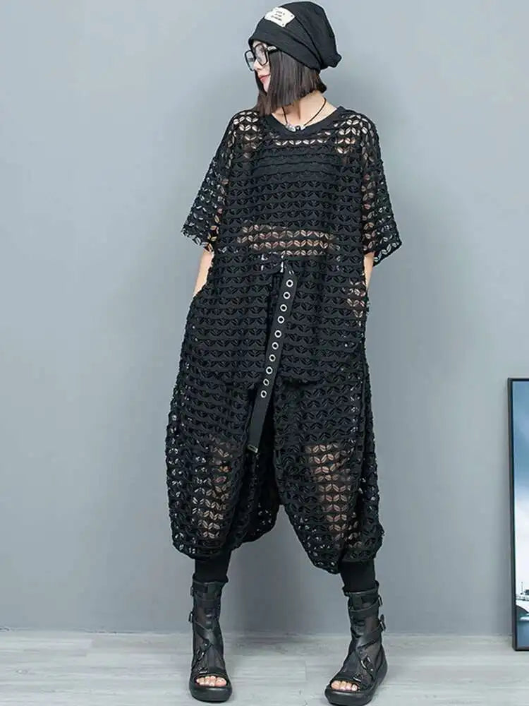 Big Size Mesh T-shirt Wide Leg Pants Two Piece Suit New Round Neck Short Sleeve Women Fashion Spring Summer 2025 1DH6432