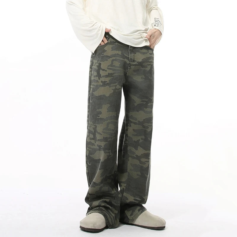 Men's Autumn Straight Camouflage Jeans Trendy Casual Washing Wide Leg Loose Menswear Simple Male Denim Pants Winter 9C8898