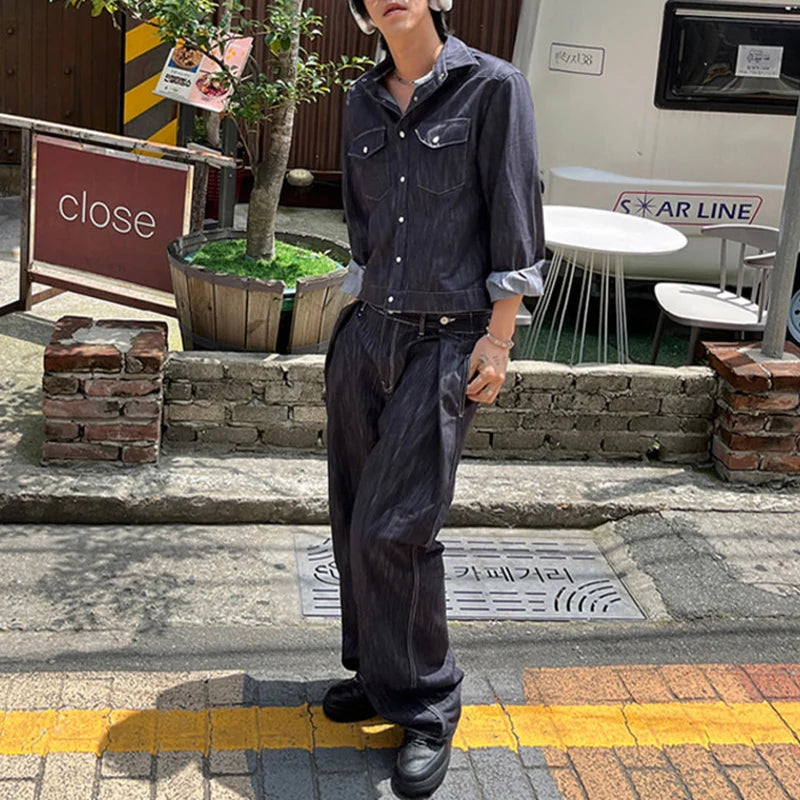 Niche Design Men's Two-piece Sets Turn-down Collar Single Breasted Denim Jackets Straight Wide Leg Solid Color Jeans 9C8988