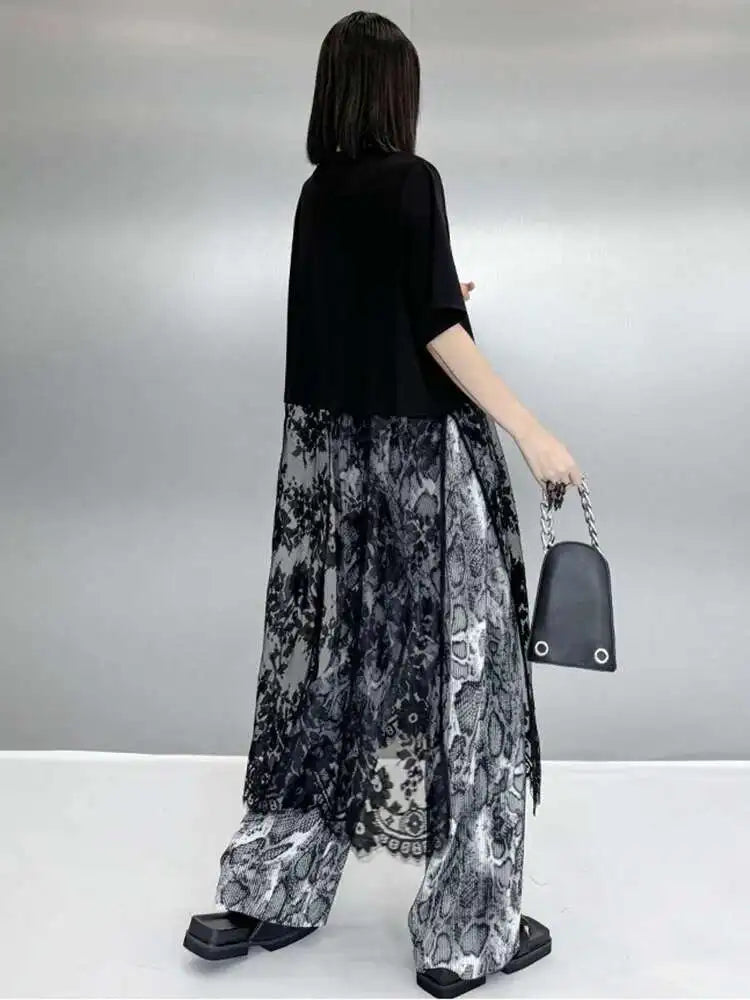 Women Black Hem Lace Perspective Big Size Midi Dress New Round Neck Short Sleeve Fashion Tide Spring Summer 2025 1DH6140