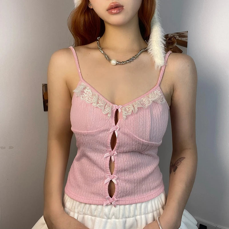 Hotsweet Lace Spliced Pink Summer Crop Tops Short Coquett Clothes Lolita Bow Sexy Camis Kawaii Slim Y2K Clothes Girls