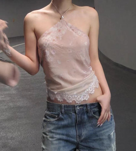 Hit Color Printing Spliced Lace Sexy Vests for Women Halter Sleeveless Blackless Elegant Vest Female Clothing New