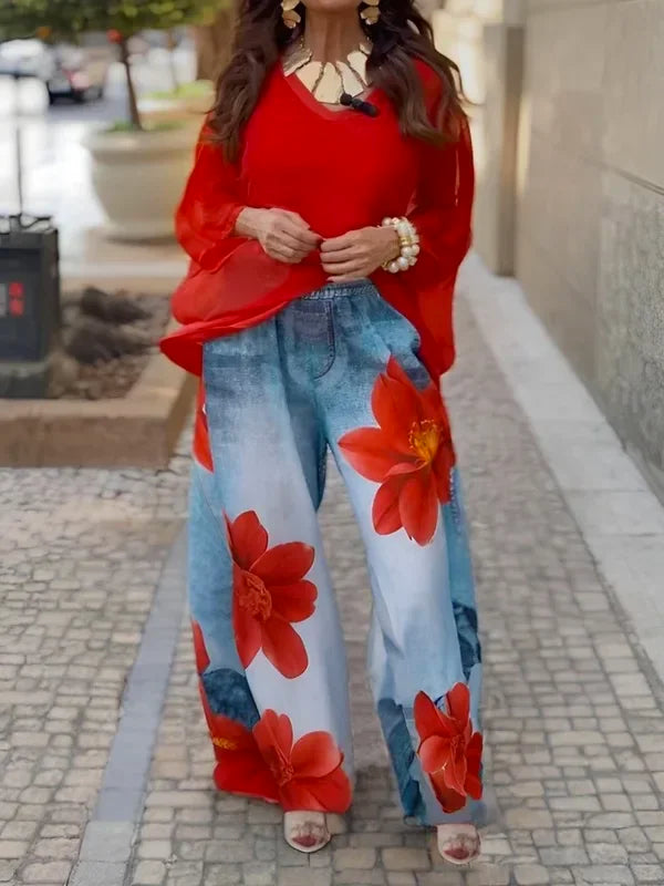Spring Summer Women's Flower Printed Loose Trendy Casual Hight Waist Wide Leg Trousers Bottoms for Woman