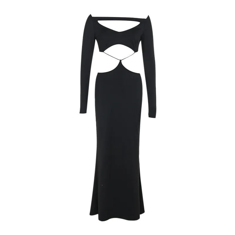 Hollow Out Long Sleeve Sexy Maxi Dress For Women Black Solid Backless Bodycon Club Party Sexy Long Dress Elegant