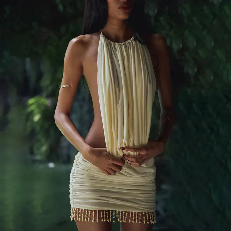 Backless Tassel Sexy Mini Dress Women Summer New Hollow Out Halter Sleeveless High Waist Ruched Skinny Club Dress