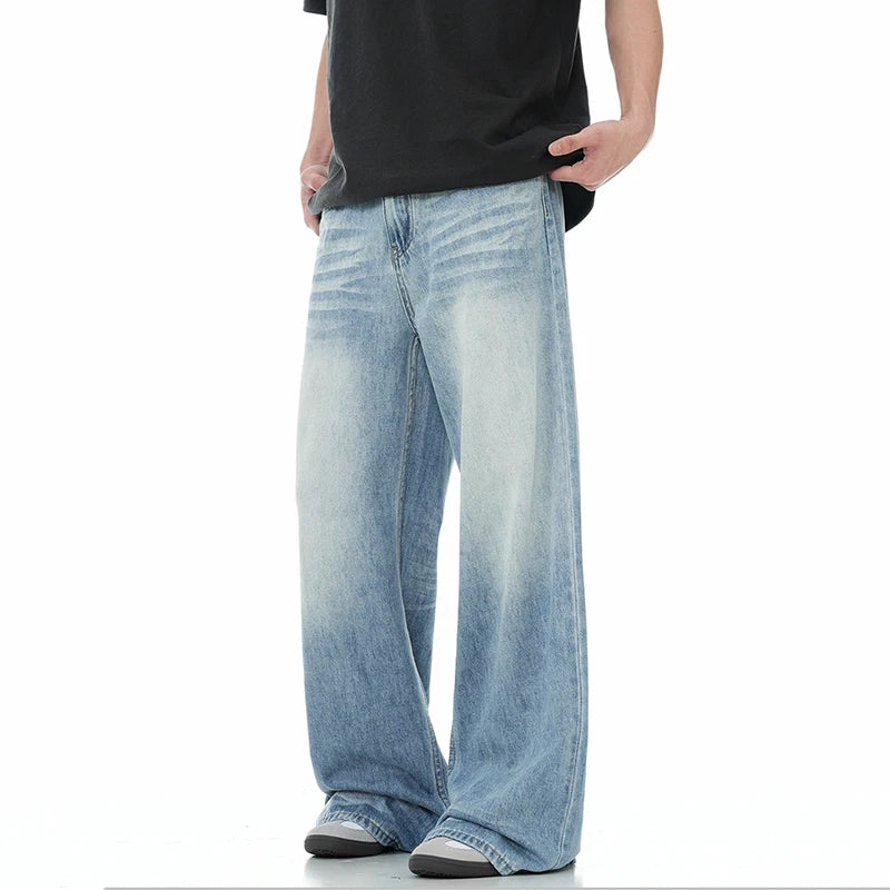 Men's Jeasn New High Street American Style Gradient Color Washed Trendy Loose Straight Leg Denim Pants Summer 9W1730