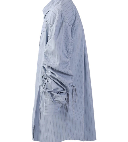Women Blue Striped Drawstring Slit Big Size Blouse New Lapel Long Sleeve Shirt Fashion Tide Spring Autumn 2025 7AB8101