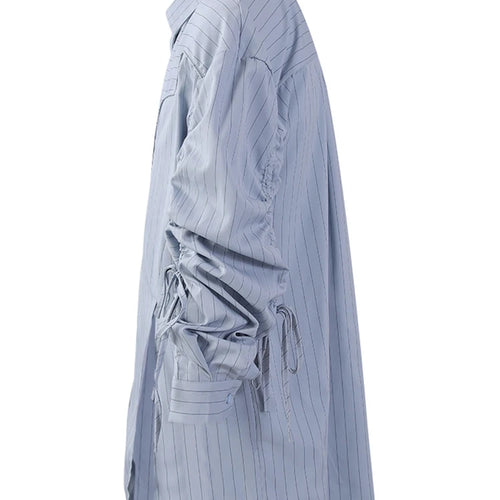 Load image into Gallery viewer, Women Blue Striped Drawstring Slit Big Size Blouse New Lapel Long Sleeve Shirt Fashion Tide Spring Autumn 2025 7AB8101
