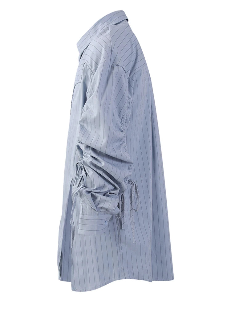 Women Blue Striped Drawstring Slit Big Size Blouse New Lapel Long Sleeve Shirt Fashion Tide Spring Autumn 2025 7AB8101