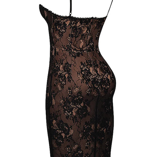Load image into Gallery viewer, Lace Print Spaghetti Strap Sexy Midi Dress For Women Black Sleeveless Backless Bodycon Club Party Printed Long Dress

