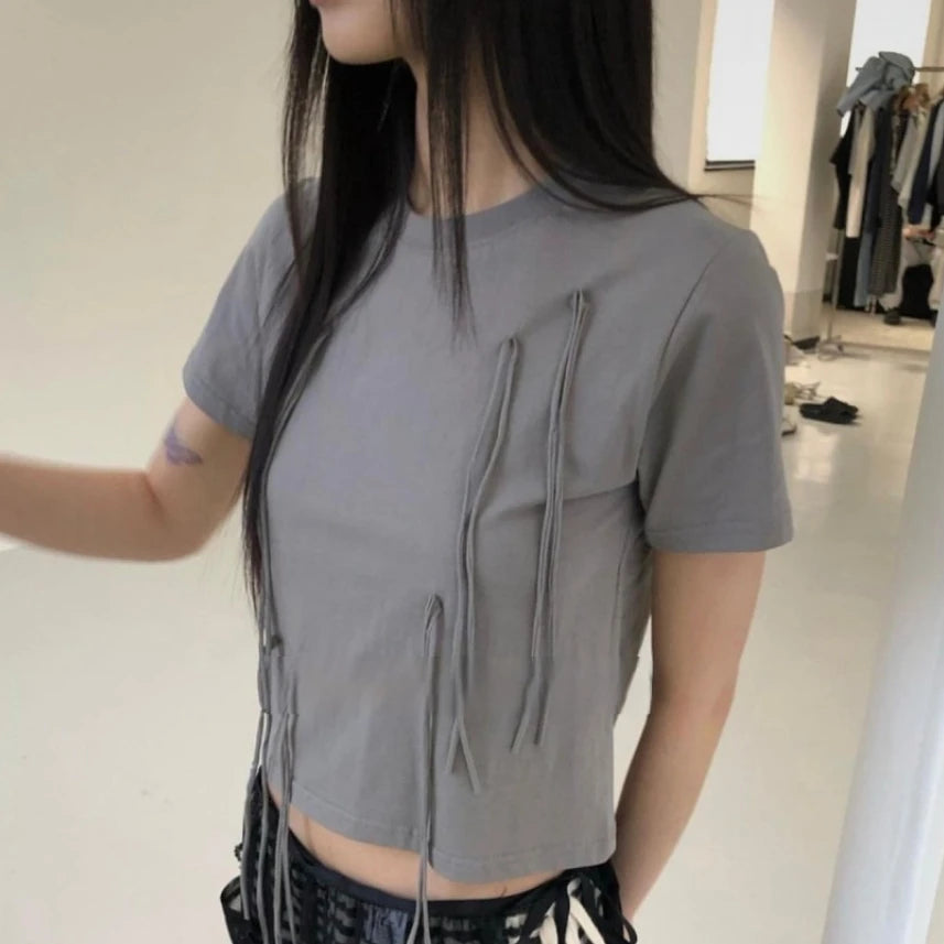 Y2k Aesthetic Vintage Summer Bow Tees  Women Harajuku Grunge Bottoming Crop Top 2025 Slim Streetwear Solid Sweet Cute Tshirts