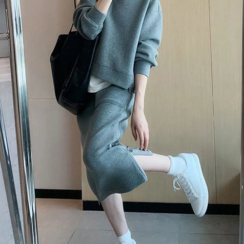 Load image into Gallery viewer, Autumn Hoodies Skirt New High Class Hong Kong Style Casual Sportswear Gray Top Skirt Two Piece Suits Chic Women Sets S-XL
