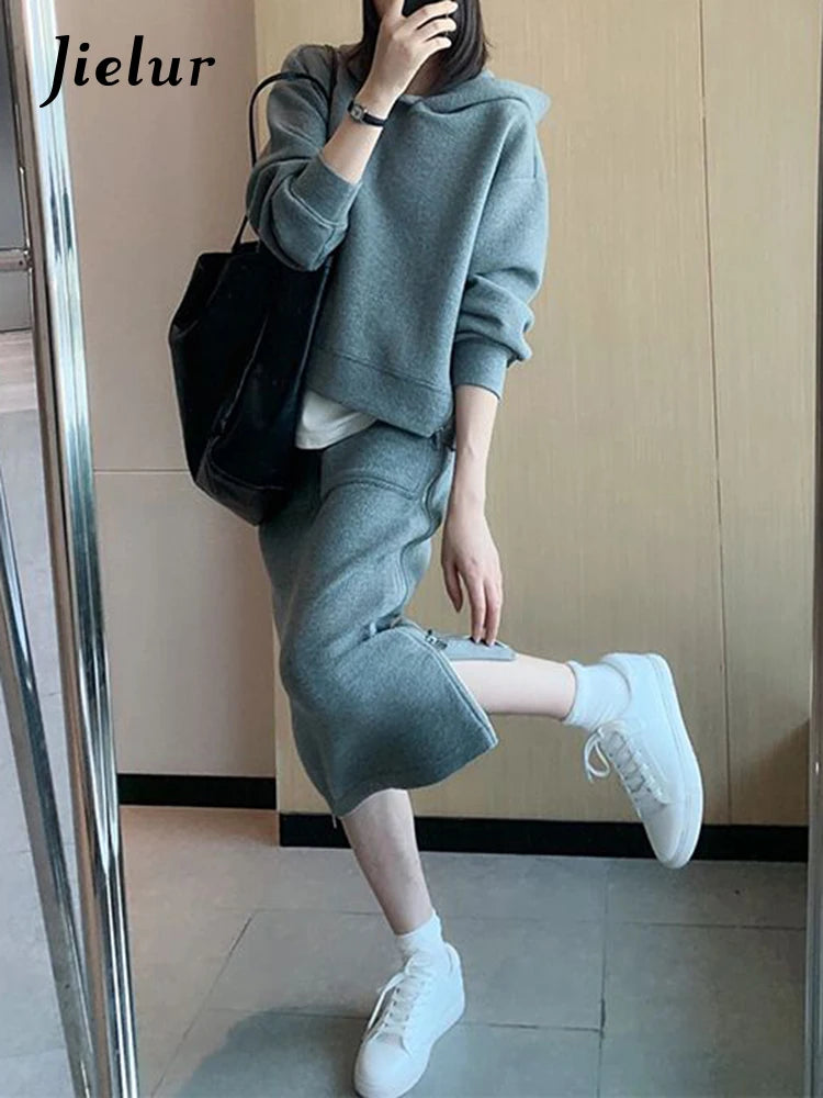 Autumn Hoodies Skirt New High Class Hong Kong Style Casual Sportswear Gray Top Skirt Two Piece Suits Chic Women Sets S-XL