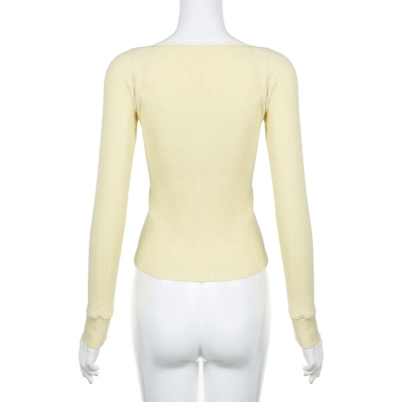 Coquette Yellow Bright Slim Jacquard Women Top Tee Slim Cutecore Lace Trim Buttons Autumn T shirt Clothing Knit Shirt