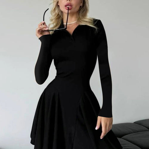 Load image into Gallery viewer, Polo Neck Solid Long Sleeve Pleated Sexy Bodycon Mini Dress Fall Women Fashion Y2K Outfits Birthday Party Festival
