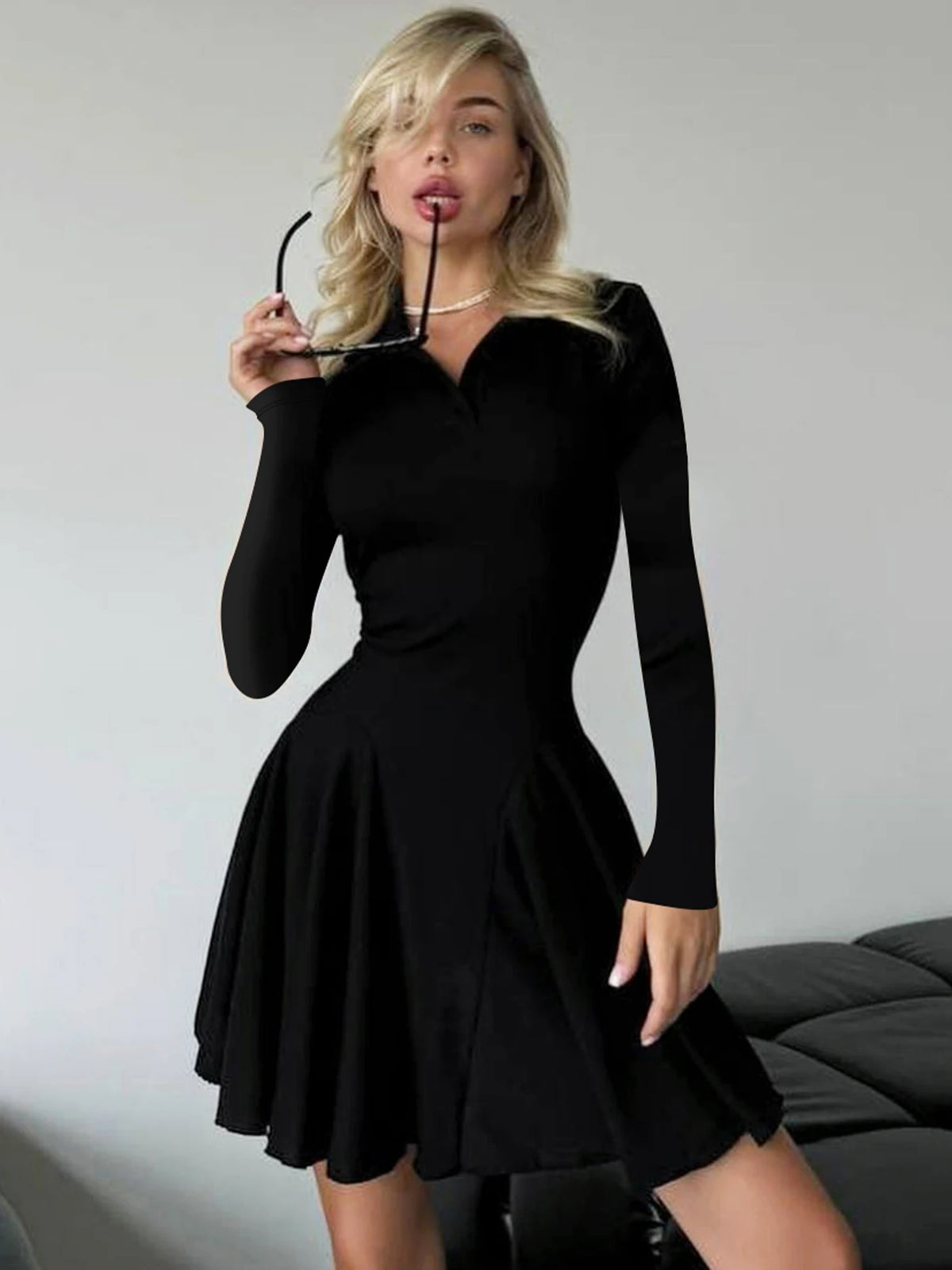 Polo Neck Solid Long Sleeve Pleated Sexy Bodycon Mini Dress Fall Women Fashion Y2K Outfits Birthday Party Festival