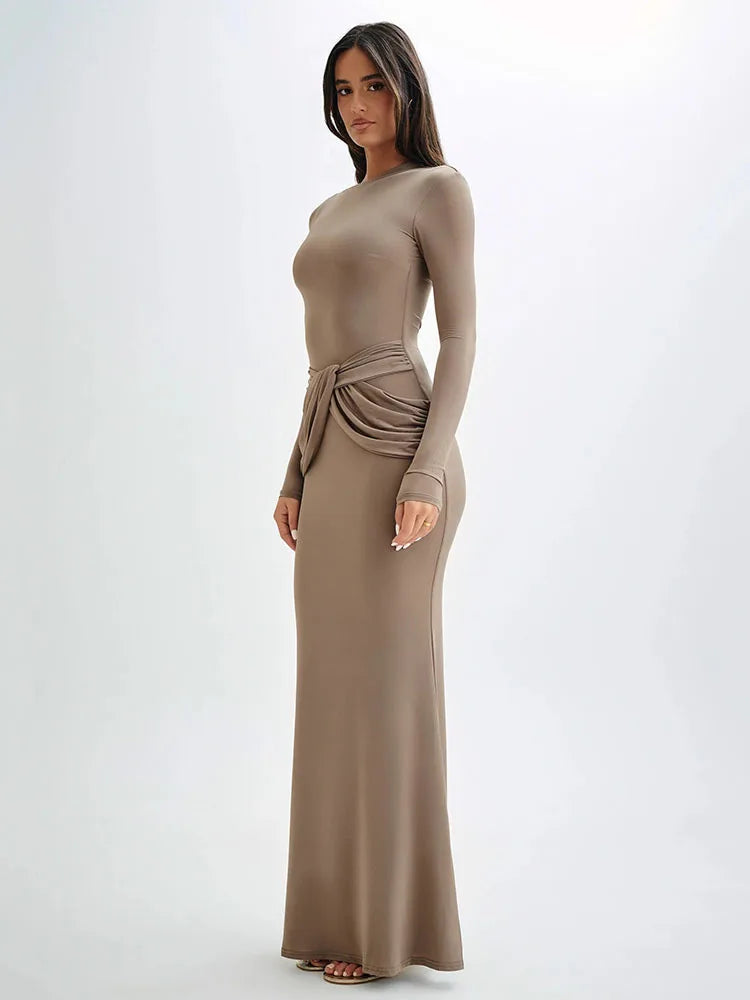 Elegant Long Sleeved Elastic Tight Long Dress Women Bodycon Pleated Evening Dress Slimming Party Club Vestido Fall 2024