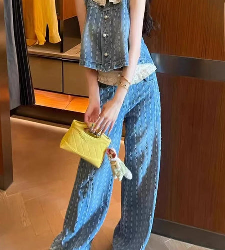 Casual Two Piece Sets for Women Peter Pan Collar Sleeveless Spliced Buttons Top Wide Leg Pant Cowboy Set Female New