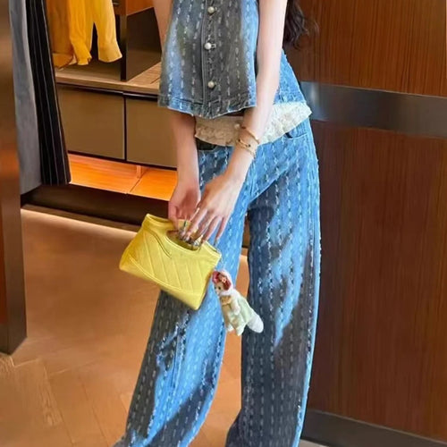 Load image into Gallery viewer, Casual Two Piece Sets for Women Peter Pan Collar Sleeveless Spliced Buttons Top Wide Leg Pant Cowboy Set Female New
