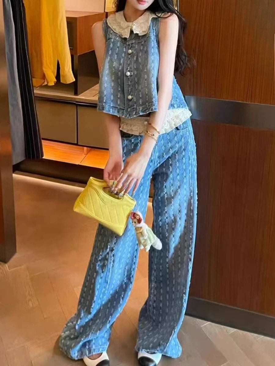 Casual Two Piece Sets for Women Peter Pan Collar Sleeveless Spliced Buttons Top Wide Leg Pant Cowboy Set Female New