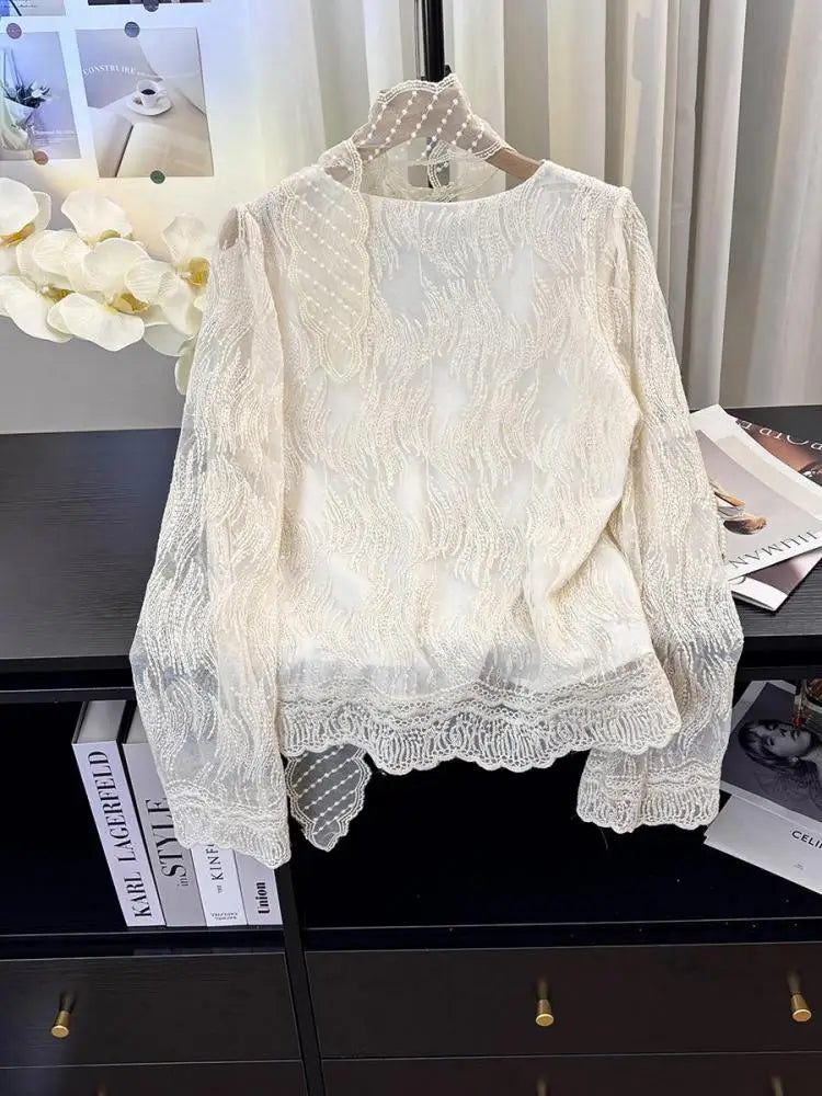 French Vintage Women Beige Lace Embroidery V Neck Long Sleeve Shirt Spring Elegant Holiday Short Tops Popular Versatile Clothes