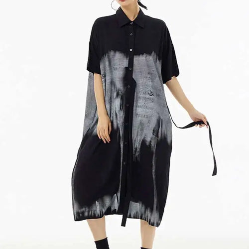 Load image into Gallery viewer, Women Green Pattern Printed Belted Big Size Shirt Dress New Lapel Short Sleeve Fashion Tide Spring Summer 2025  1DH5759
